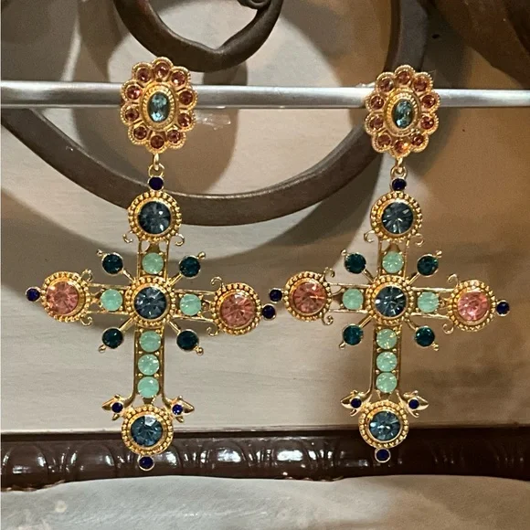 Elegant Gold and Teal Cross Earrings - Picture 7 of 7